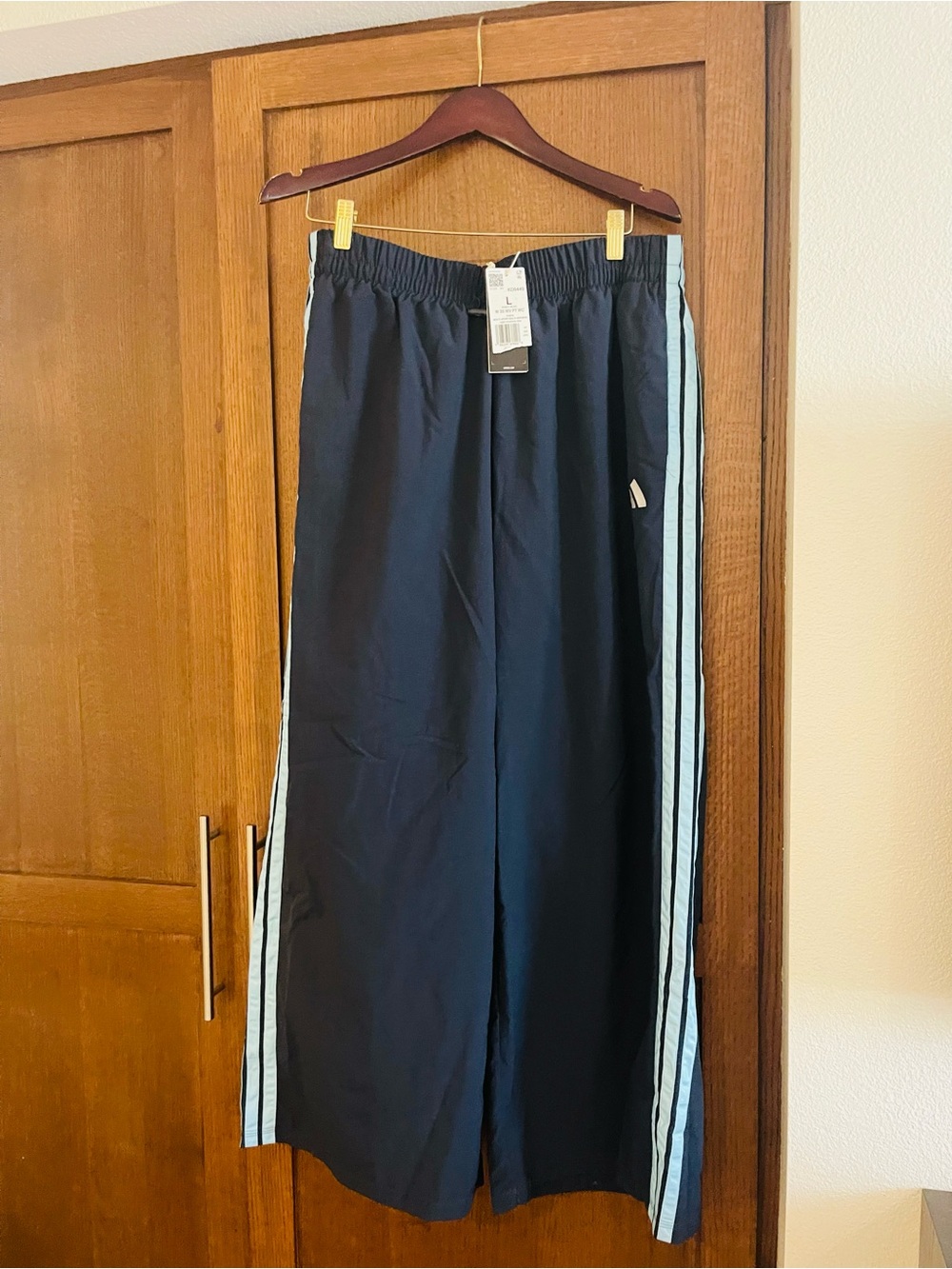 adidas wide leg Navy Track Pants with Light Blue Side Stripes